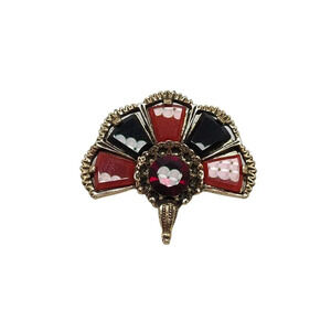 MIRACLE Black Red Gemstone Fan Brooch Pin Gold Tone Vintage Celtic